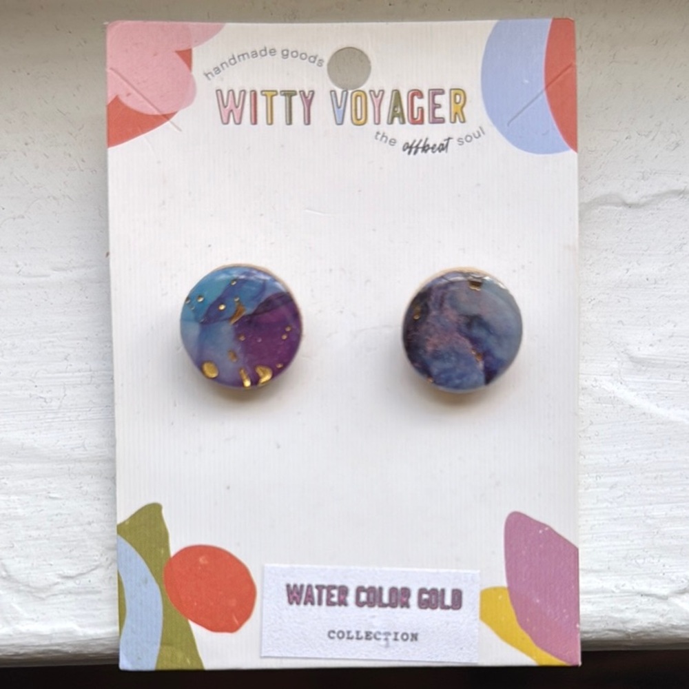 Witty Voyager Watercolor Wooden Galaxy Water Color Gold Earrings